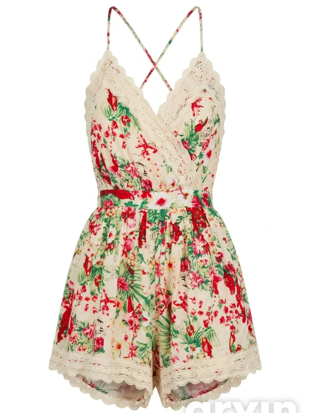 PAPER HEART Floral Lace-Trim Romper in Cream, Red & Green SZ 8